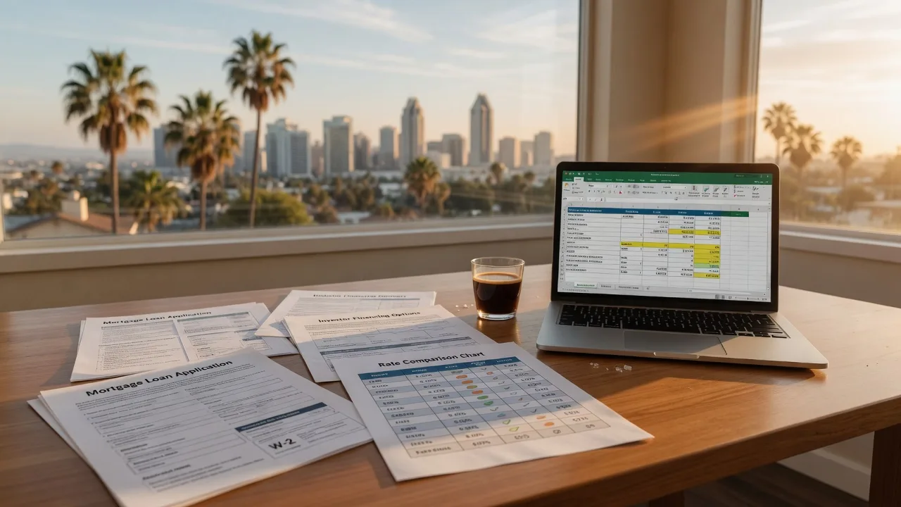 San Diego investor financing documents and underwriting spreadsheet on a desk in golden-hour light