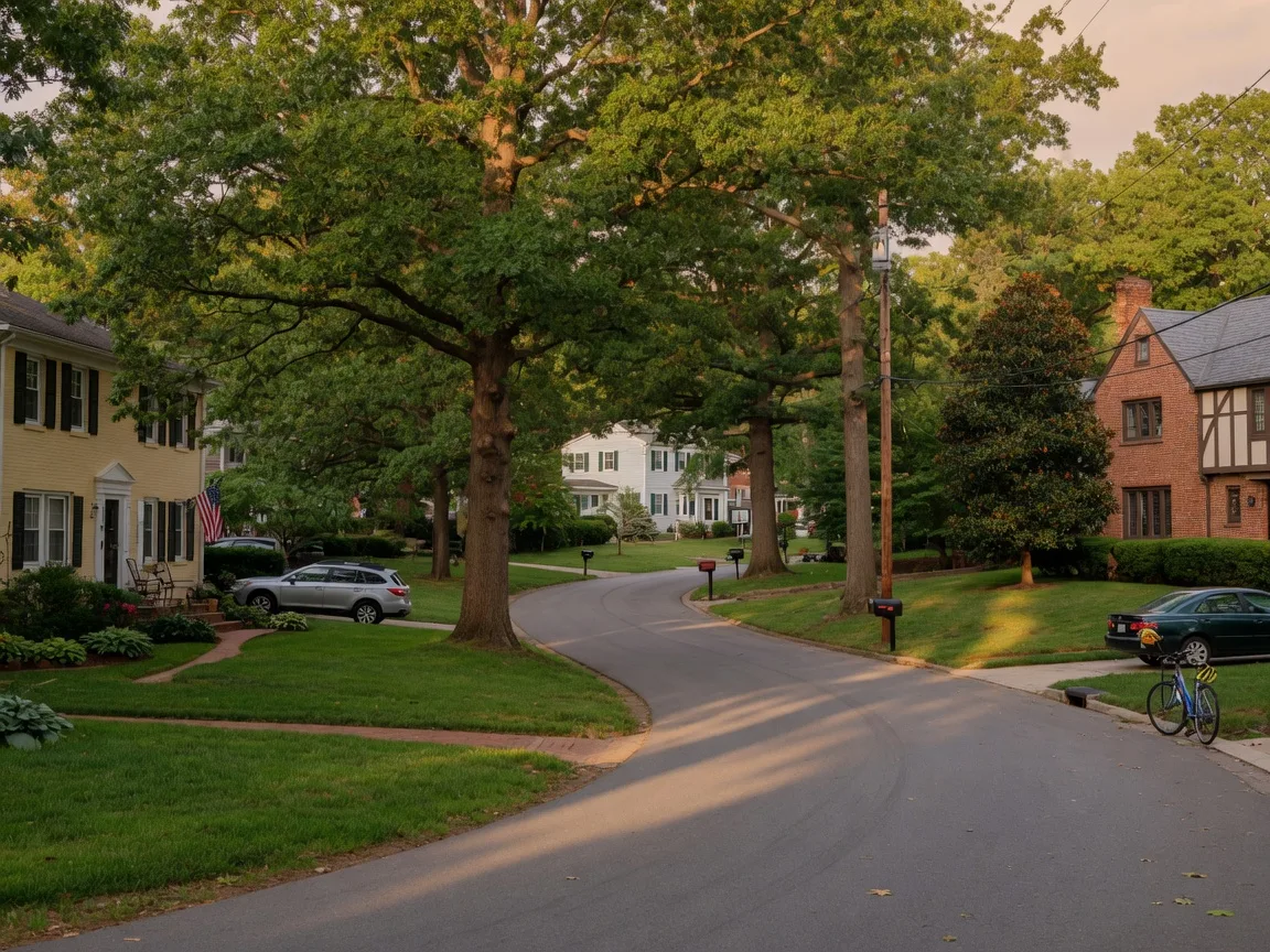 A quiet tree-lined street of houses in a historic Maryland garden suburb