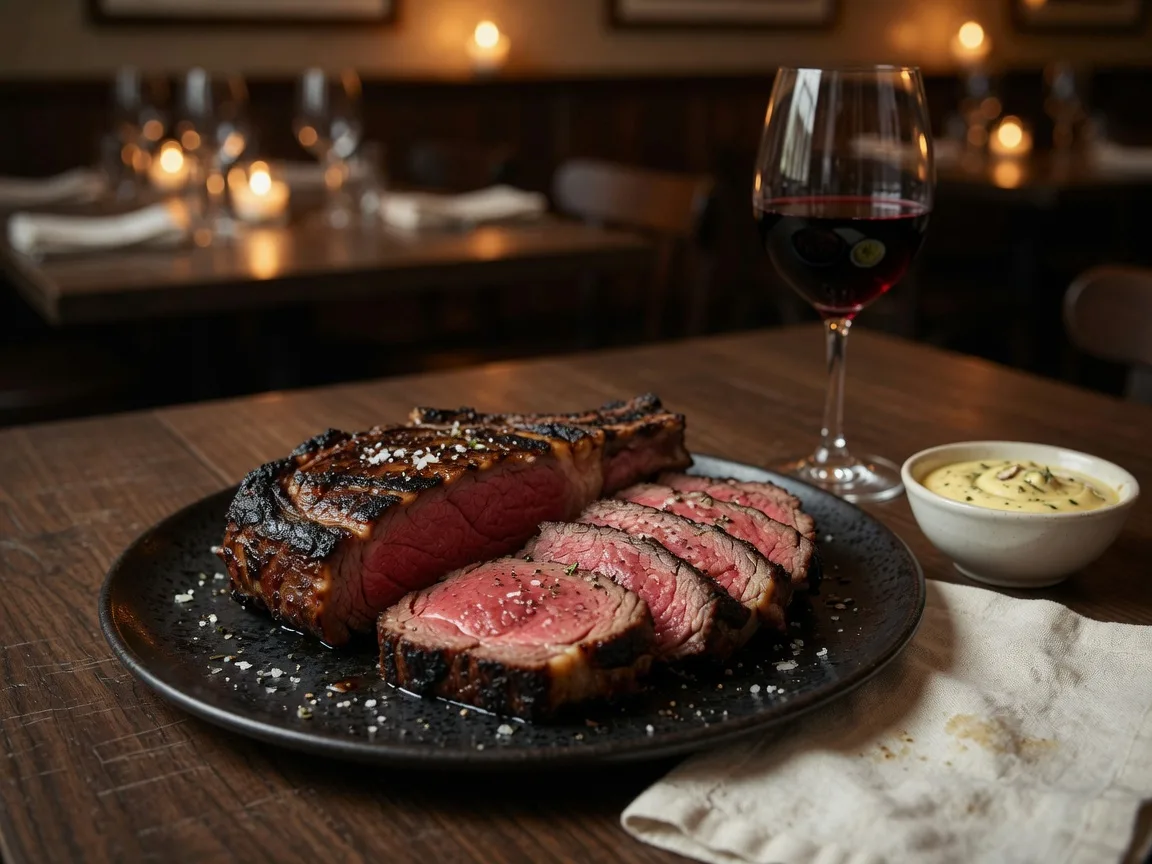A dry-aged prime steak sliced to reveal its rosy medium-rare interior, plated with béarnaise and a glass of red wine at an upscale steakhouse