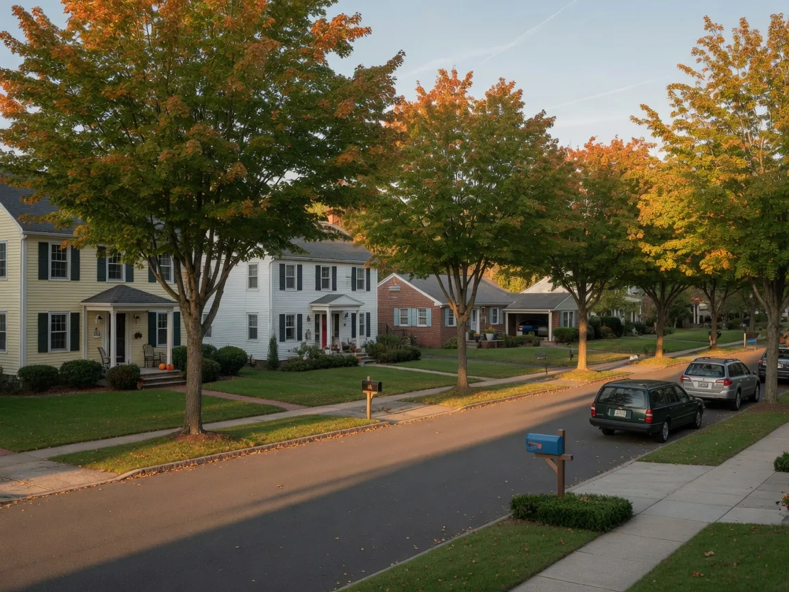 A tree-lined street of classic New England cape and colonial homes in Milford, Connecticut, with maple leaves just beginning to turn gold in early autumn
