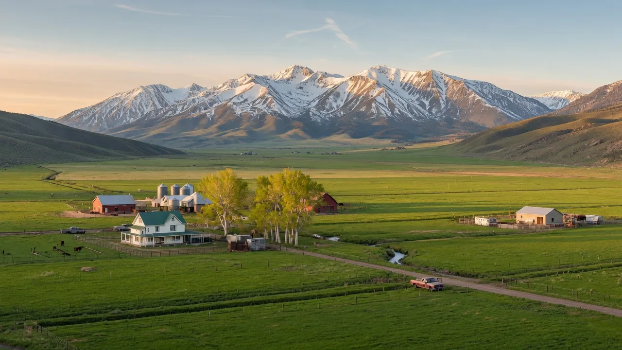 Lush green Carson Valley pastures stretching toward the snow-dusted Sierra Nevada range in warm afternoon light.