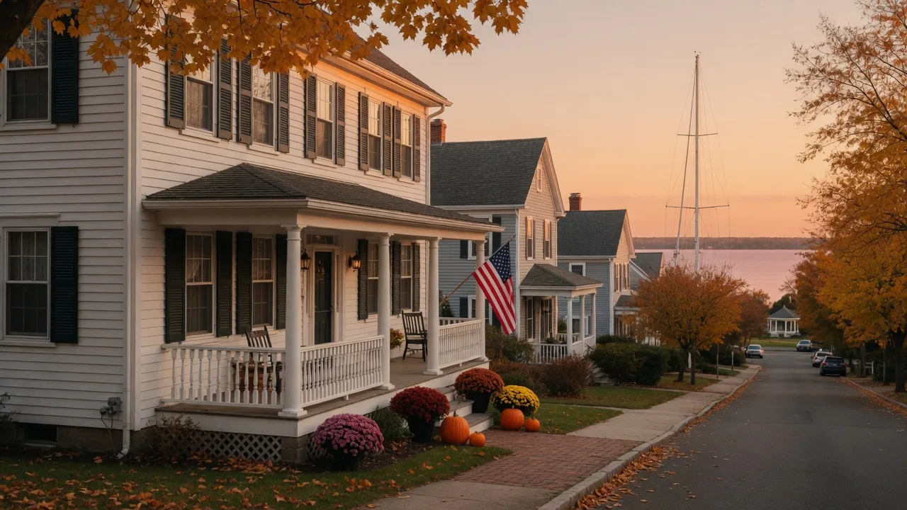 A classic white clapboard shoreline colonial home in Milford, Connecticut at golden hour, with dark shutters, a welcoming front porch, early autumn maples, and Long Island Sound beyond the rooftops