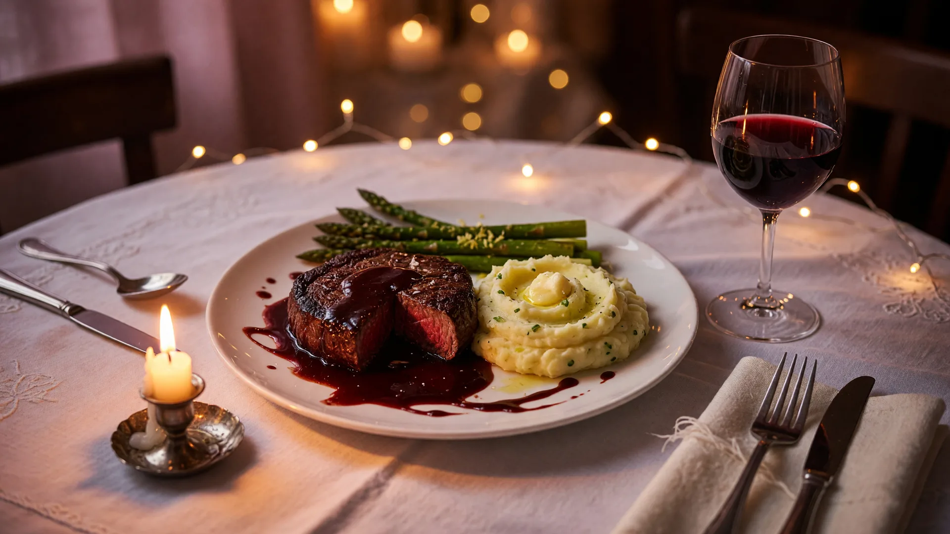 Plated steak dinner with red wine in candlelight