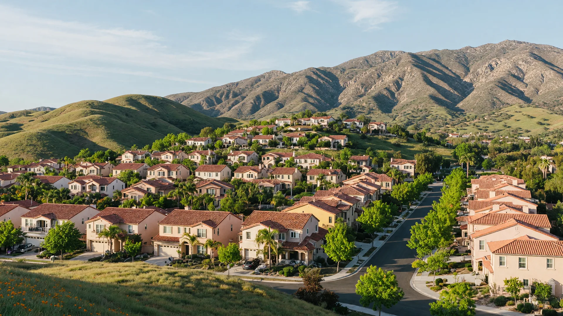 Mediterranean-style hillside homes with tile roofs climbing a green hillside in Stevenson Ranch