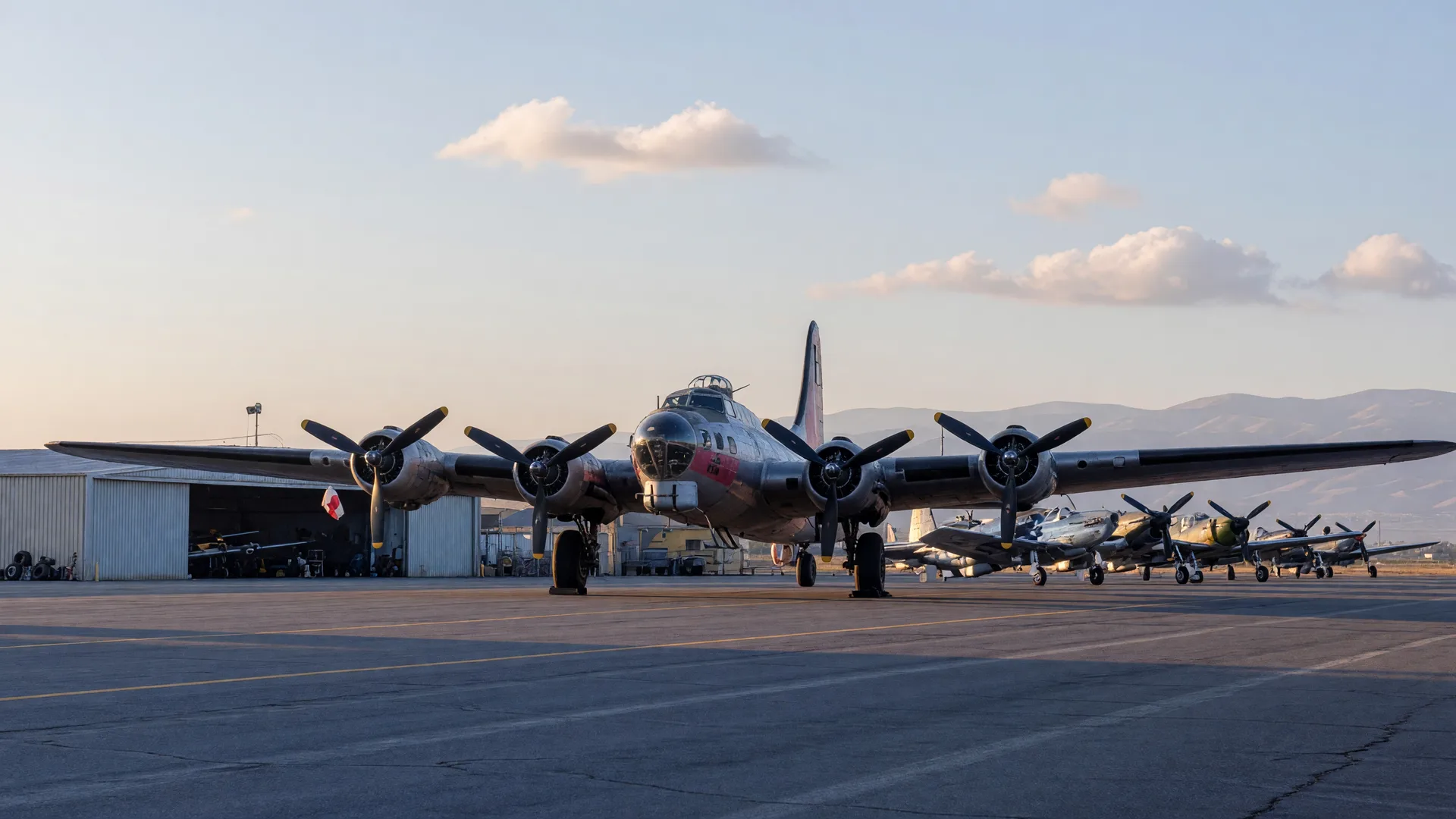 Restored vintage military aircraft on the outdoor display line at Castle Air Museum in Atwater, a four-engine heavy bomber and warbird fighters parked on the tarmac under a clear morning sky with the Sierra Nevada foothills on the horizon