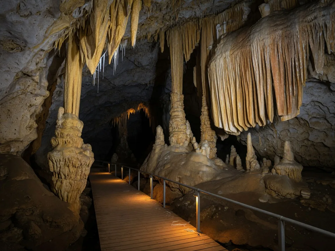 A wide limestone cavern chamber with tall stalactites and stalagmites glowing in warm amber guide light along a wooden boardwalk path with a metal handrail