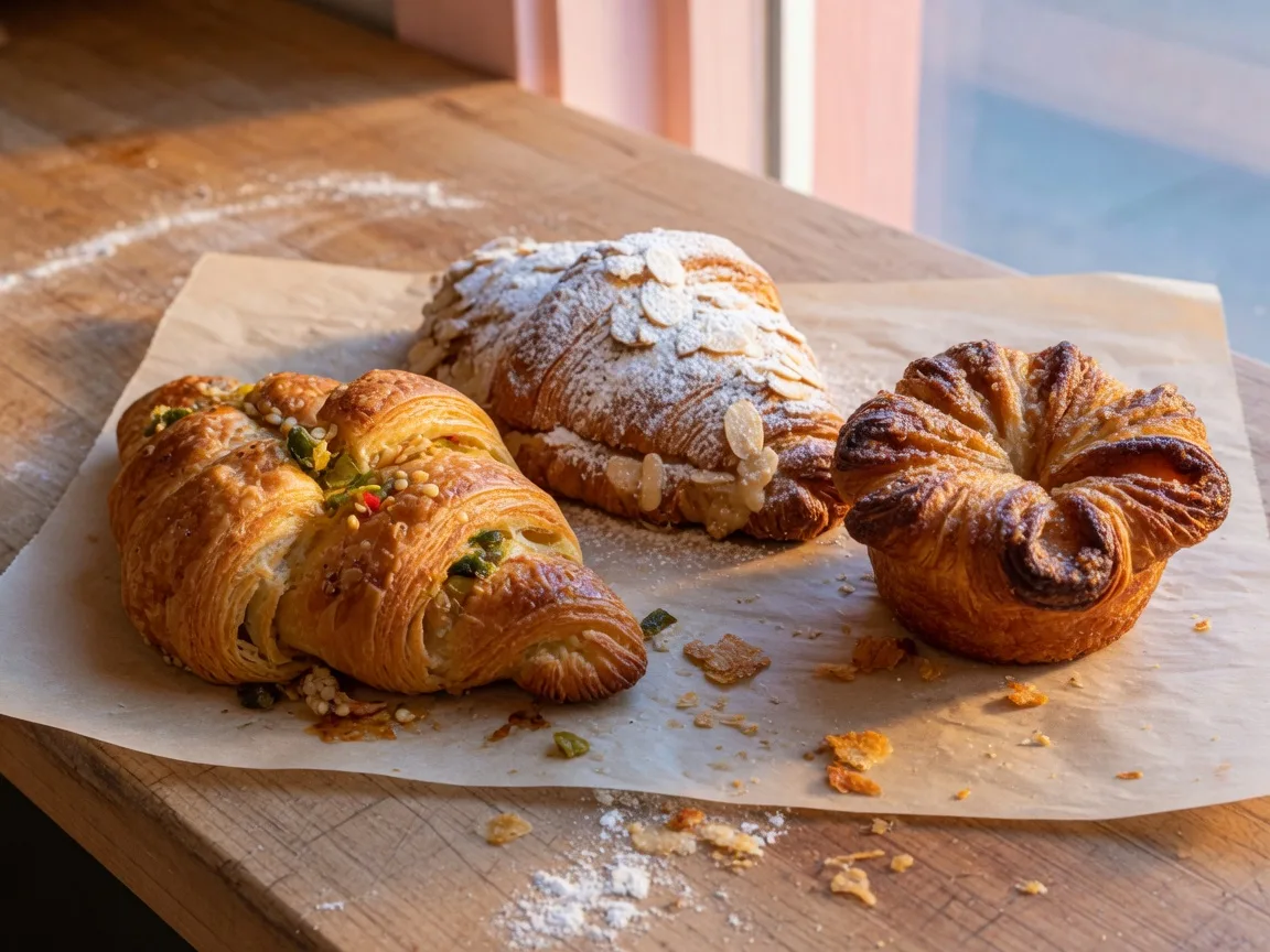Freshly baked green chile croissant, almond croissant, and kouign amann on a wooden counter at The Burque Bakehouse in Albuquerque