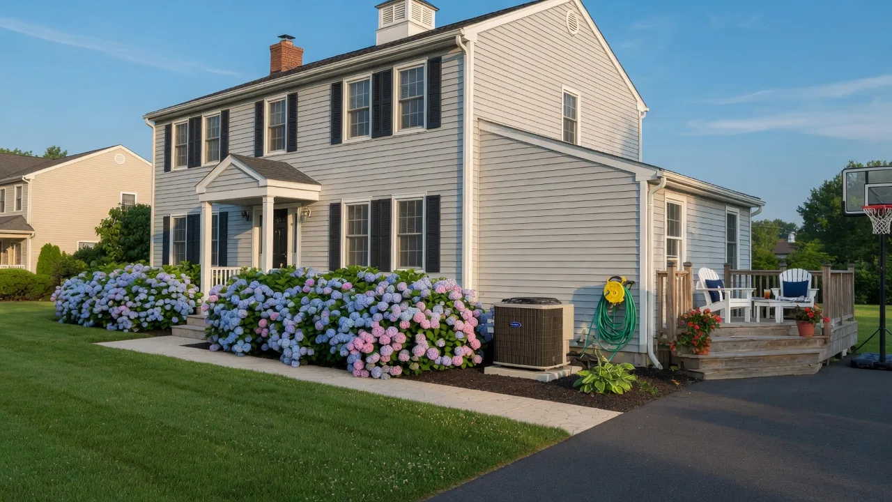 Well-maintained South Jersey colonial home with lush landscaping on a sunny summer morning