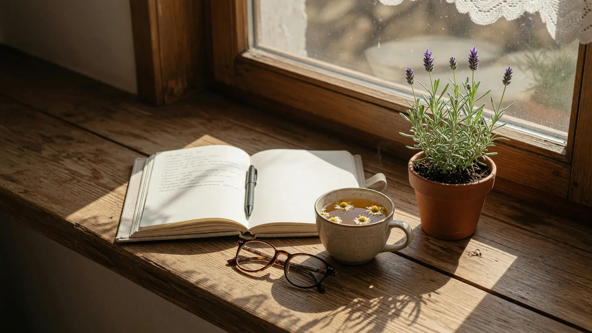 An open journal with a pen, a cup of chamomile tea, and a potted lavender plant on a sunlit windowsill