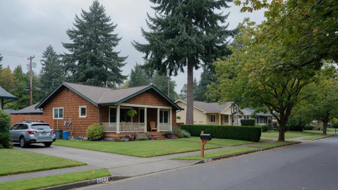 Quiet suburban street with a cedar-sided home in Beaverton, Oregon
