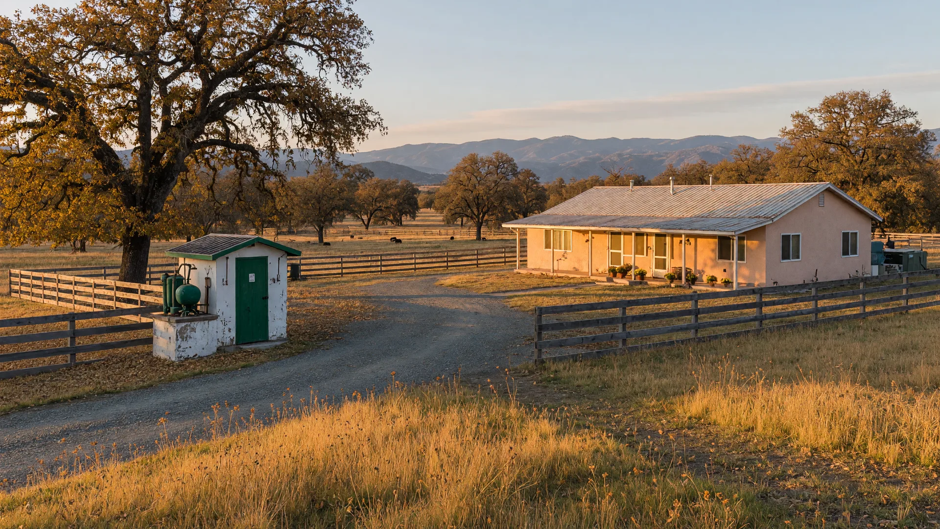 A rural single-story ranch home on fenced acreage in the oak-studded Catheys Valley foothills with a white-and-green well pump house beside the gravel driveway, golden autumn grass, split-rail fencing, and the Sierra Nevada foothills on the horizon