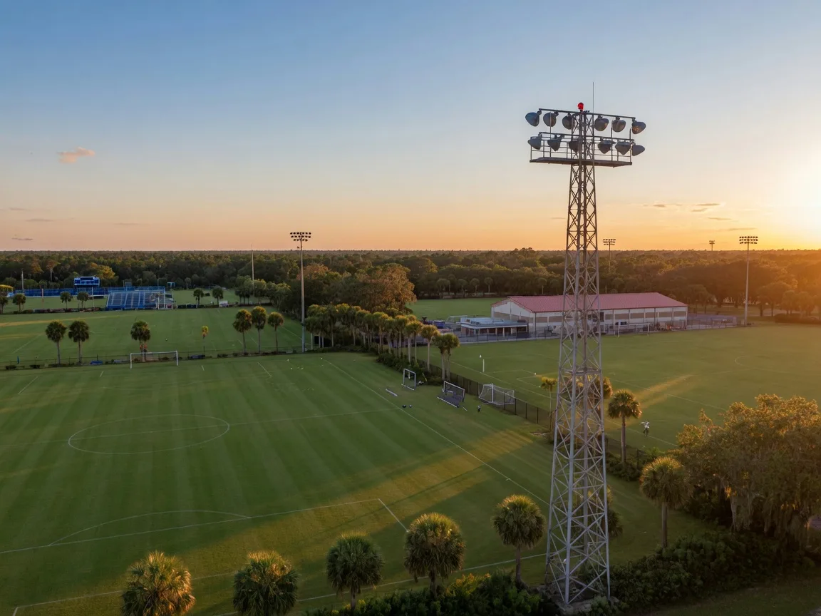 Green soccer fields at the Lakewood Ranch Premier Sports Campus in the late afternoon, with a light tower and clear sky
