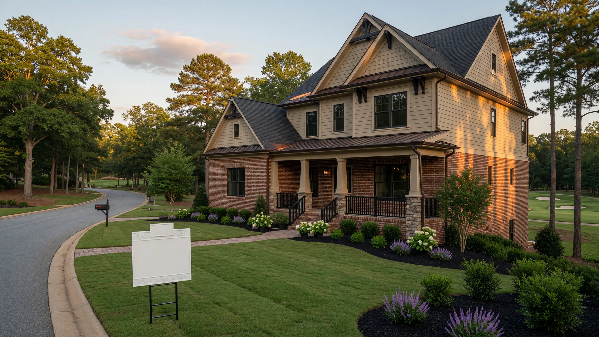 Brand new craftsman-style home on a quiet cul-de-sac in a Northeast Metro Atlanta community at golden hour, with a new construction yard sign in the foreground