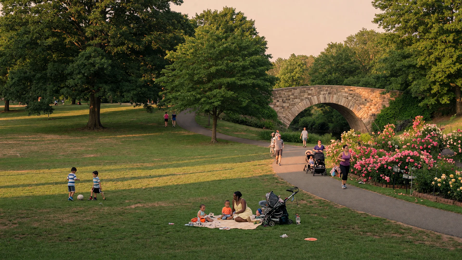 Brookdale Park in Bloomfield NJ with expansive green lawn, rose garden in bloom, historic stone arch bridge, and families enjoying the park on a warm summer afternoon