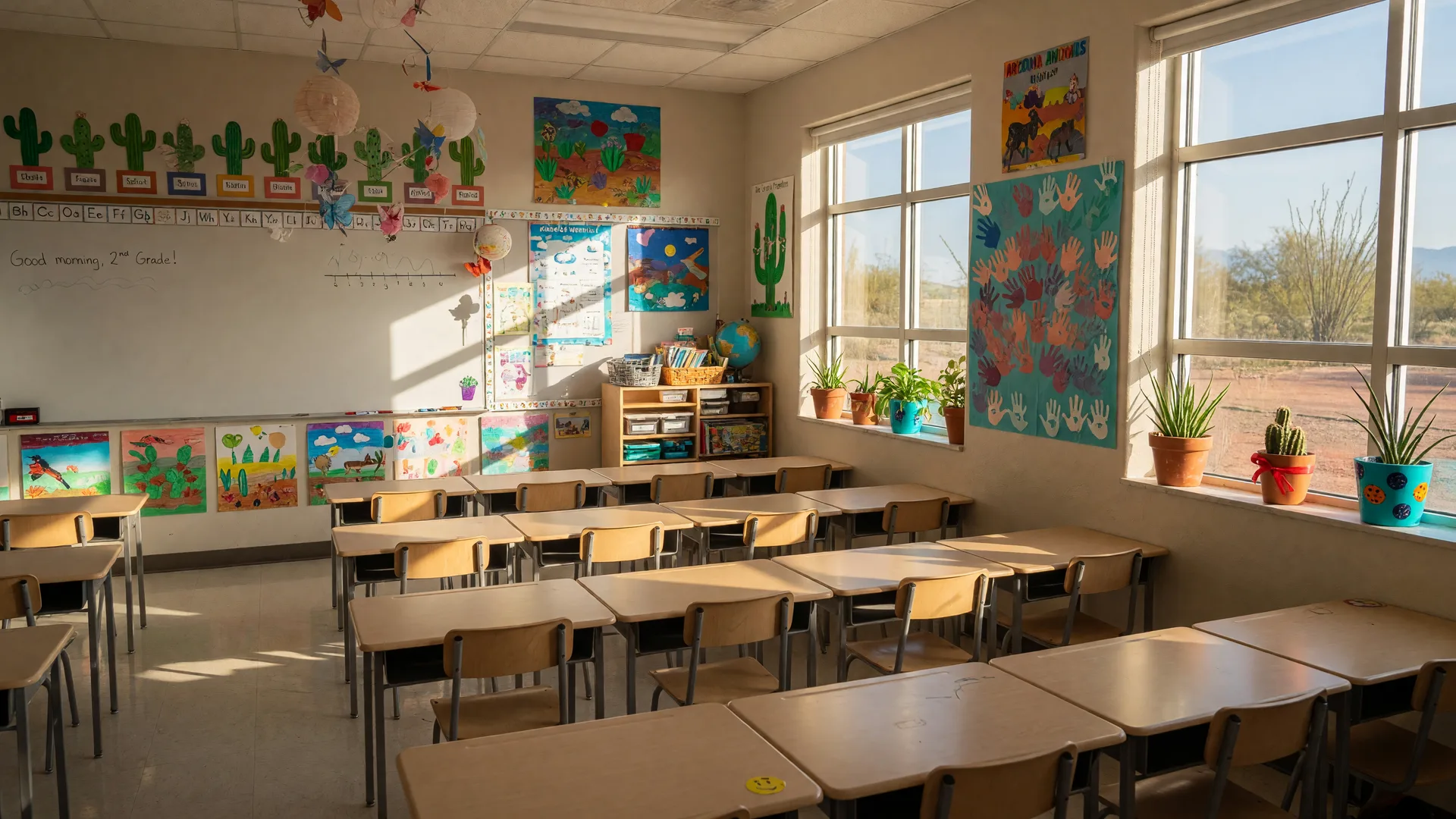 A bright, orderly elementary school classroom with desks and artwork