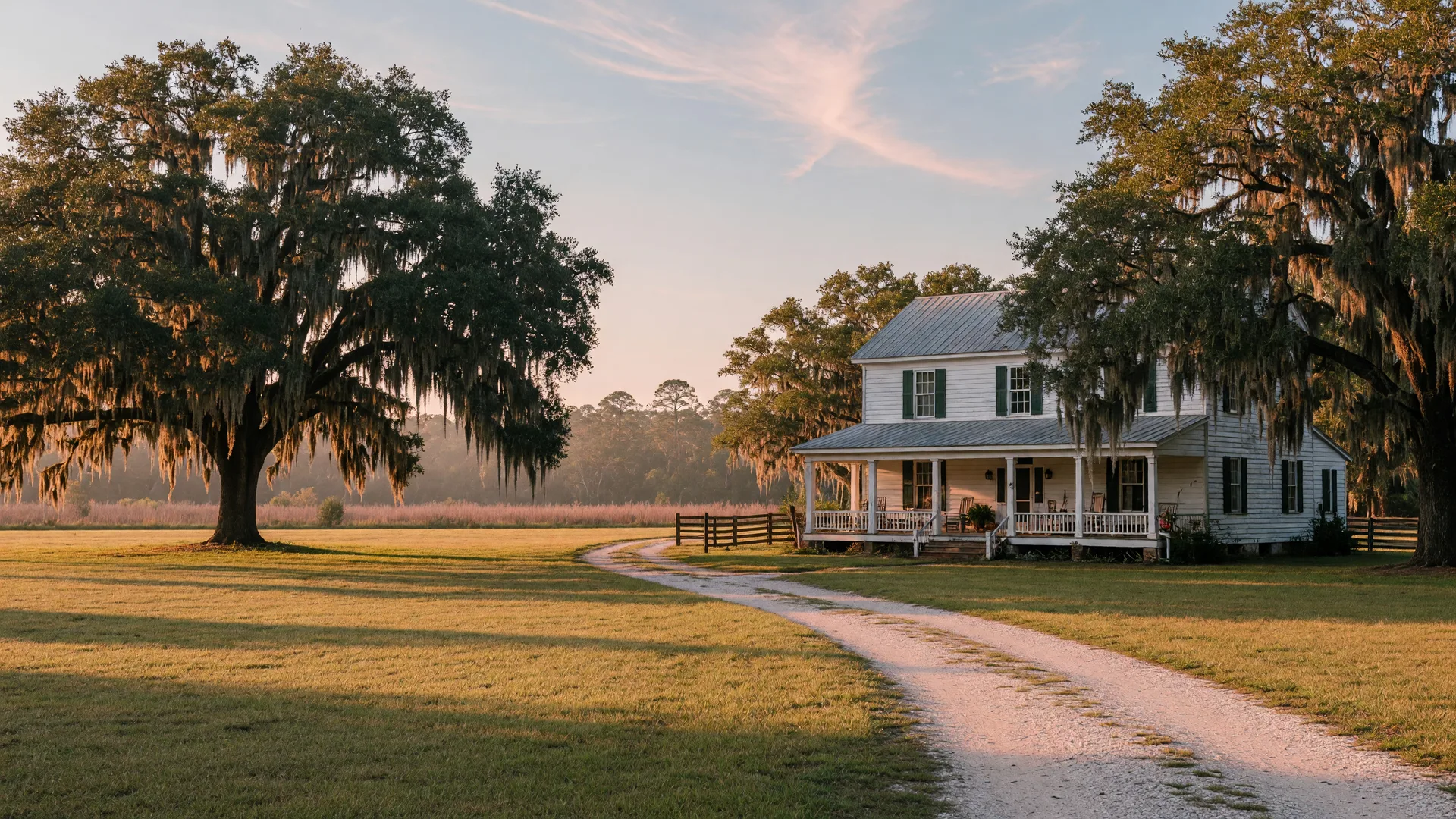 A historic white Lowcountry farmhouse with a wide front porch set on open pasture, framed by live oaks draped in Spanish moss in late-afternoon light