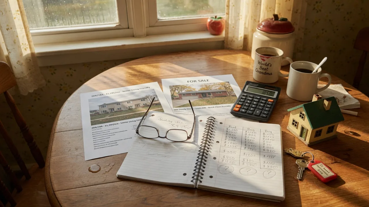A warm still-life photograph on a sunlit kitchen table in a Northwest Indiana home comparing renting and buying after downsizing, with an open notebook of monthly numbers, a printed rental listing beside a printed for-sale listing, reading glasses, a calculator, and two coffee mugs