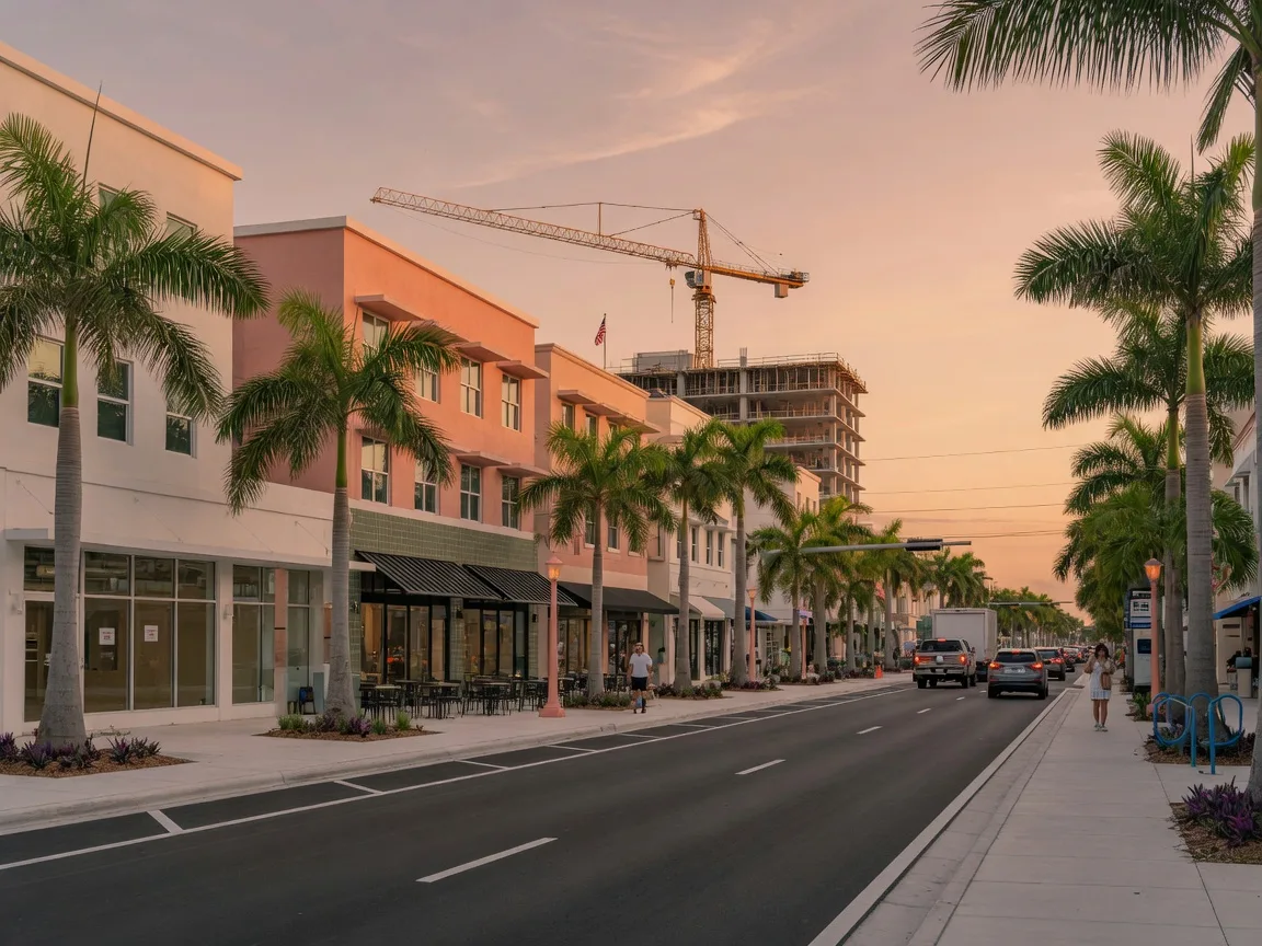 A growing commercial corridor in West Delray Beach at warm evening light with new mixed-use buildings and palm trees