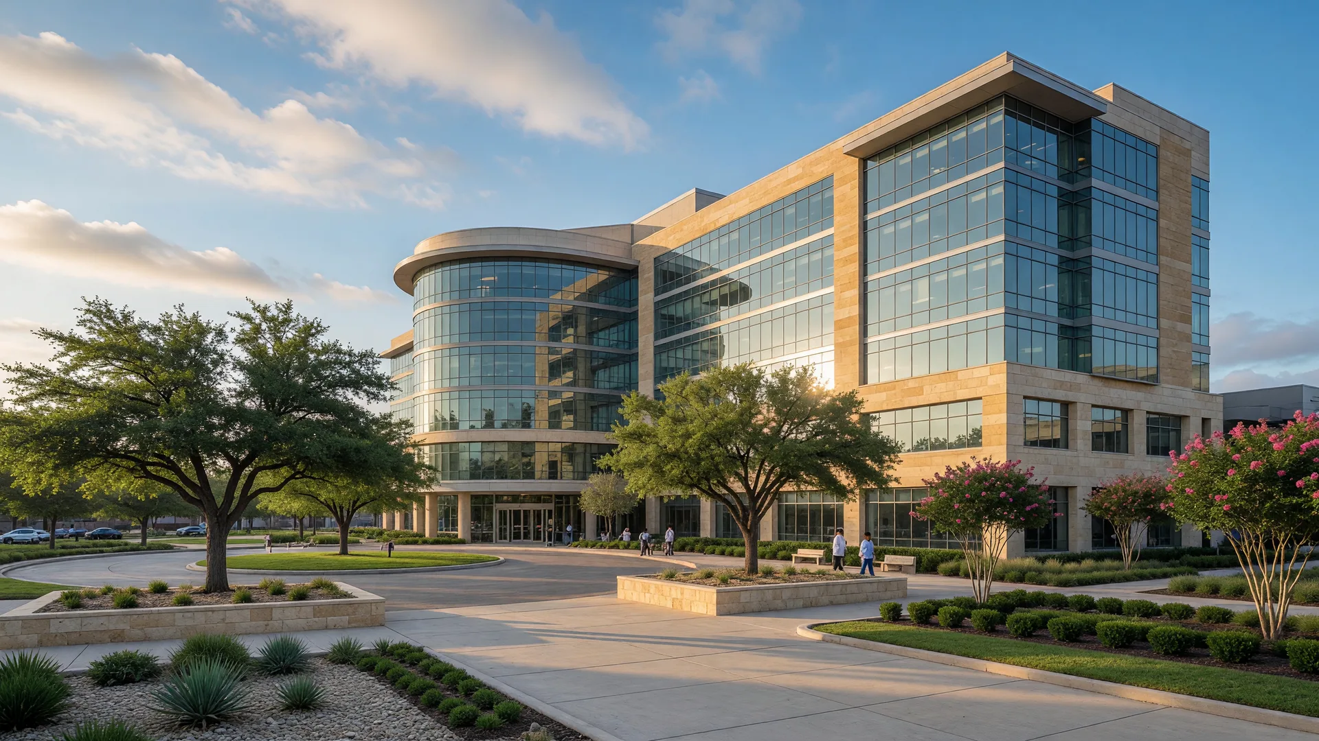 A modern multi-story Texas medical center with glass curtain walls and limestone accents on a clear morning