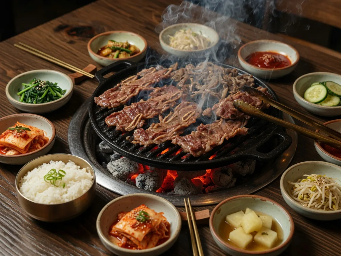Marble beef short ribs and bulgogi grilling over charcoal with banchan side dishes at Korea Garden BBQ in Suwanee Georgia