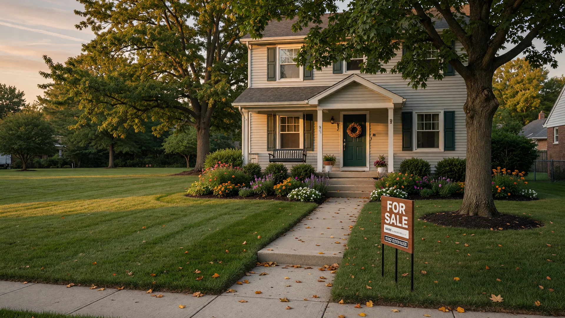 Well-maintained home in a Northwest Indiana suburb in early September with a For Sale sign near the curb, manicured lawn, late-summer flower beds, and early fallen leaves on the walkway