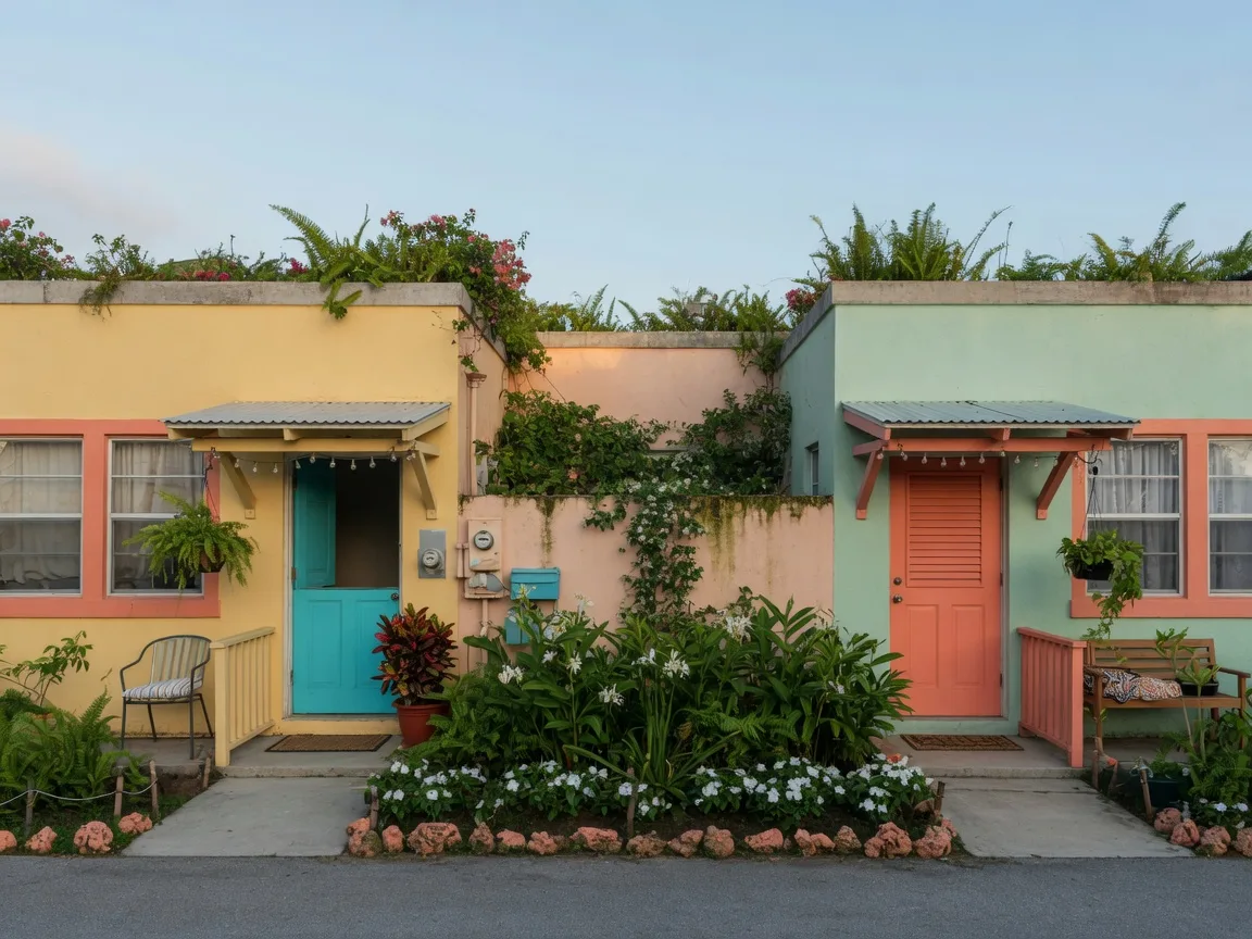 Two attached tropical townhomes divided by a planted border