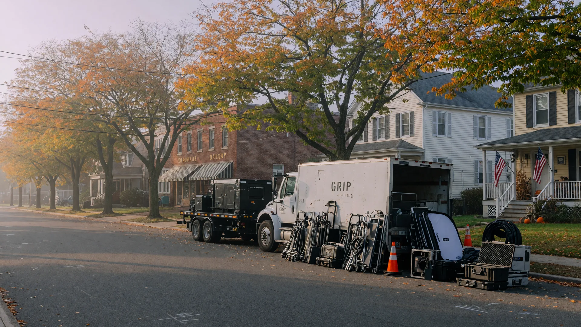 Film production grip trucks and camera equipment parked along a tree-lined suburban New Jersey street on an early autumn morning