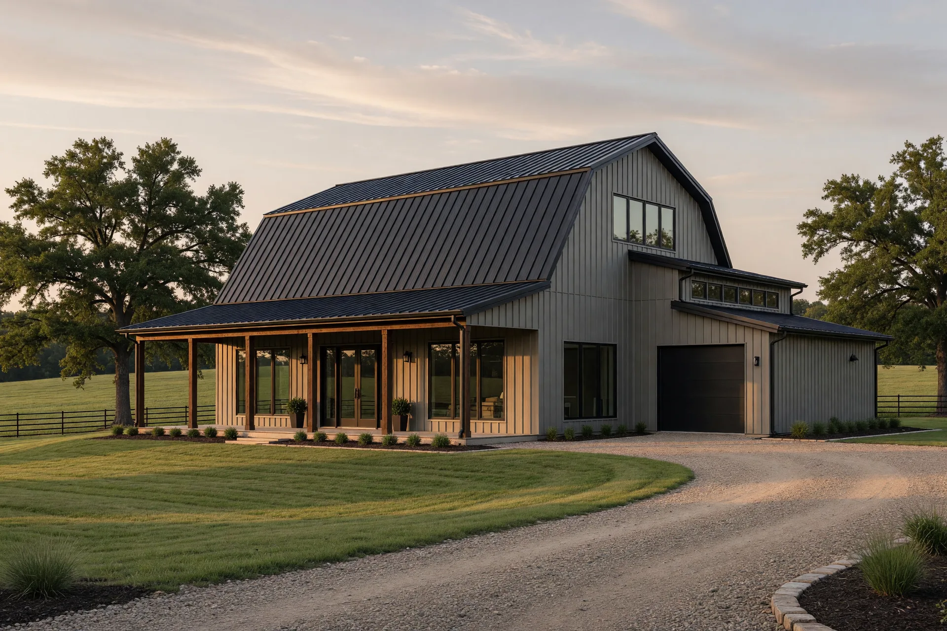 Upscale metal barndominium exterior with residential features