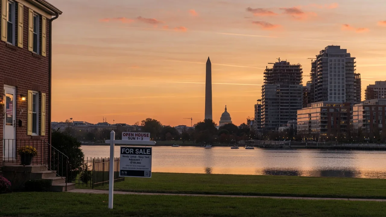 Washington, DC skyline at golden hour with a real estate sign in a row house yard in the foreground