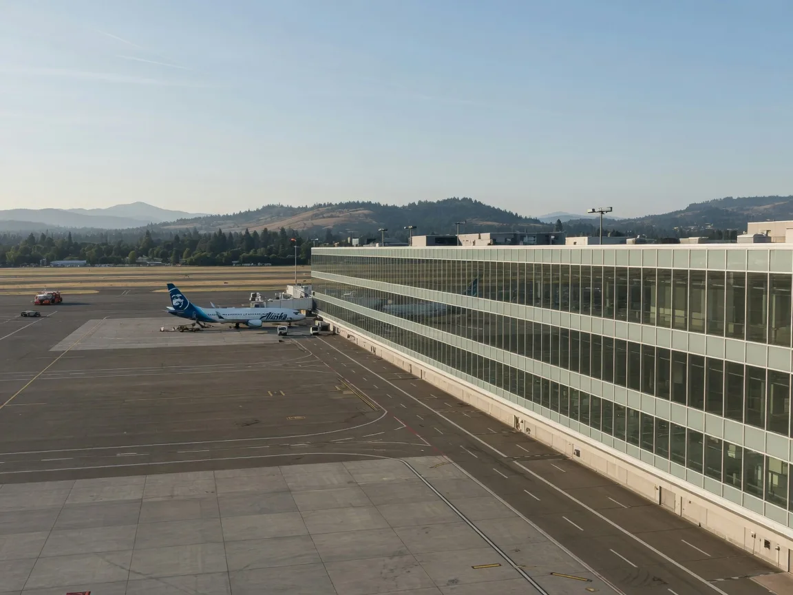 The glass facade of the Portland International Airport terminal with a jet on the tarmac in the distance