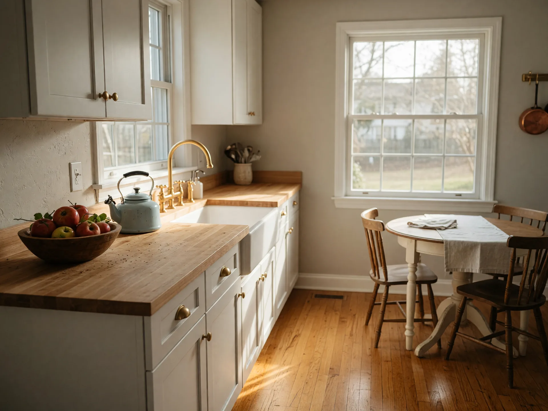 Freshly renovated eat-in kitchen in a Pennsylvania suburban colonial home with white cabinets, a butcher-block island, and a farmhouse sink under a bright window