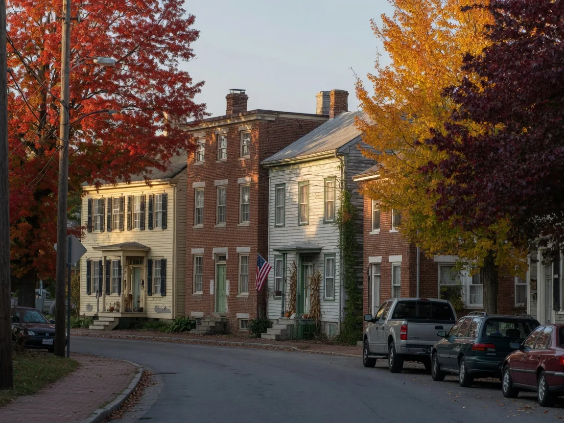 A quiet Falmouth, Virginia street lined with 18th- and 19th-century clapboard and brick houses under autumn trees