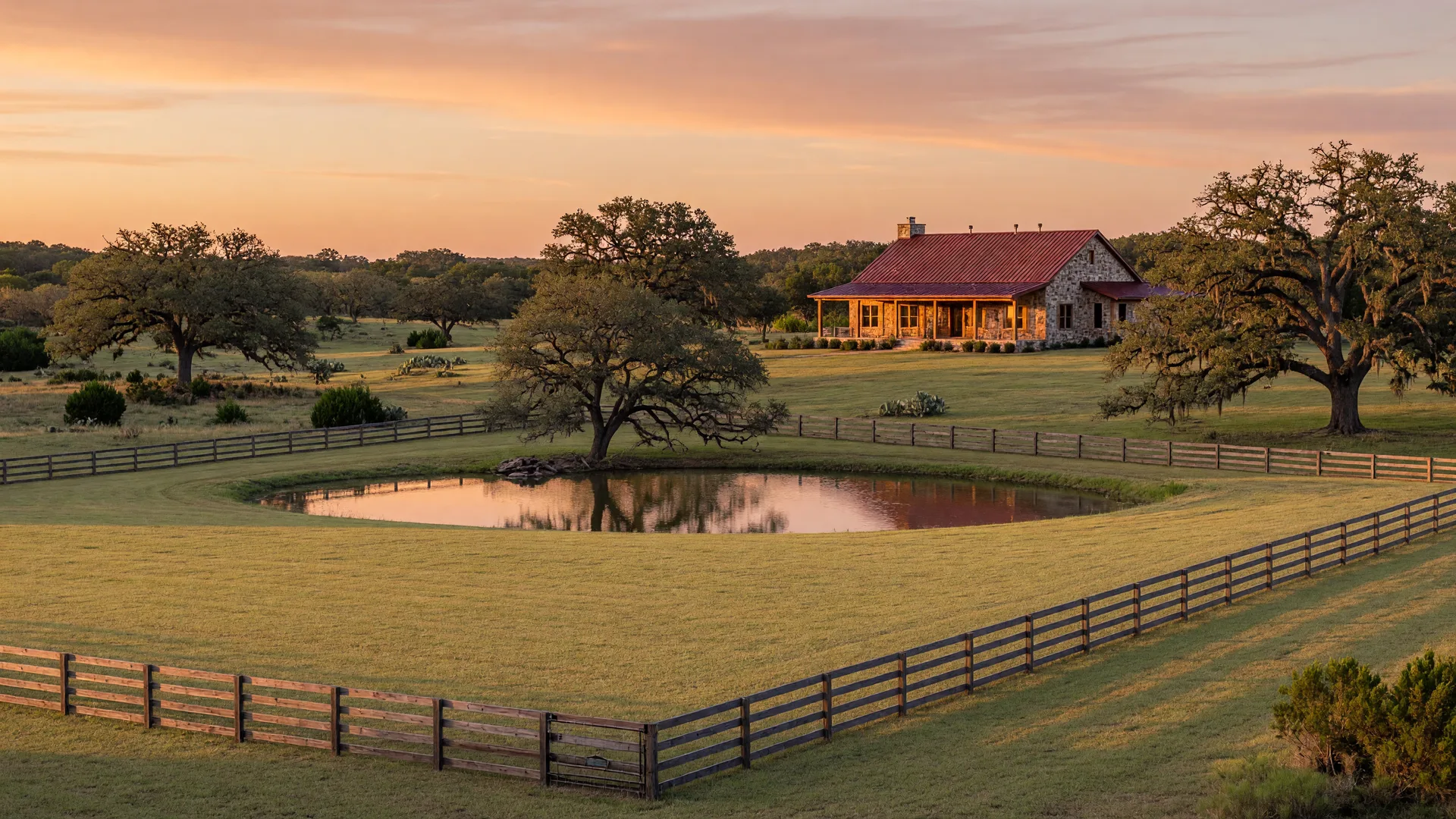 A stone ranch home on mowed pasture with live oaks and a stock tank in Spring Branch