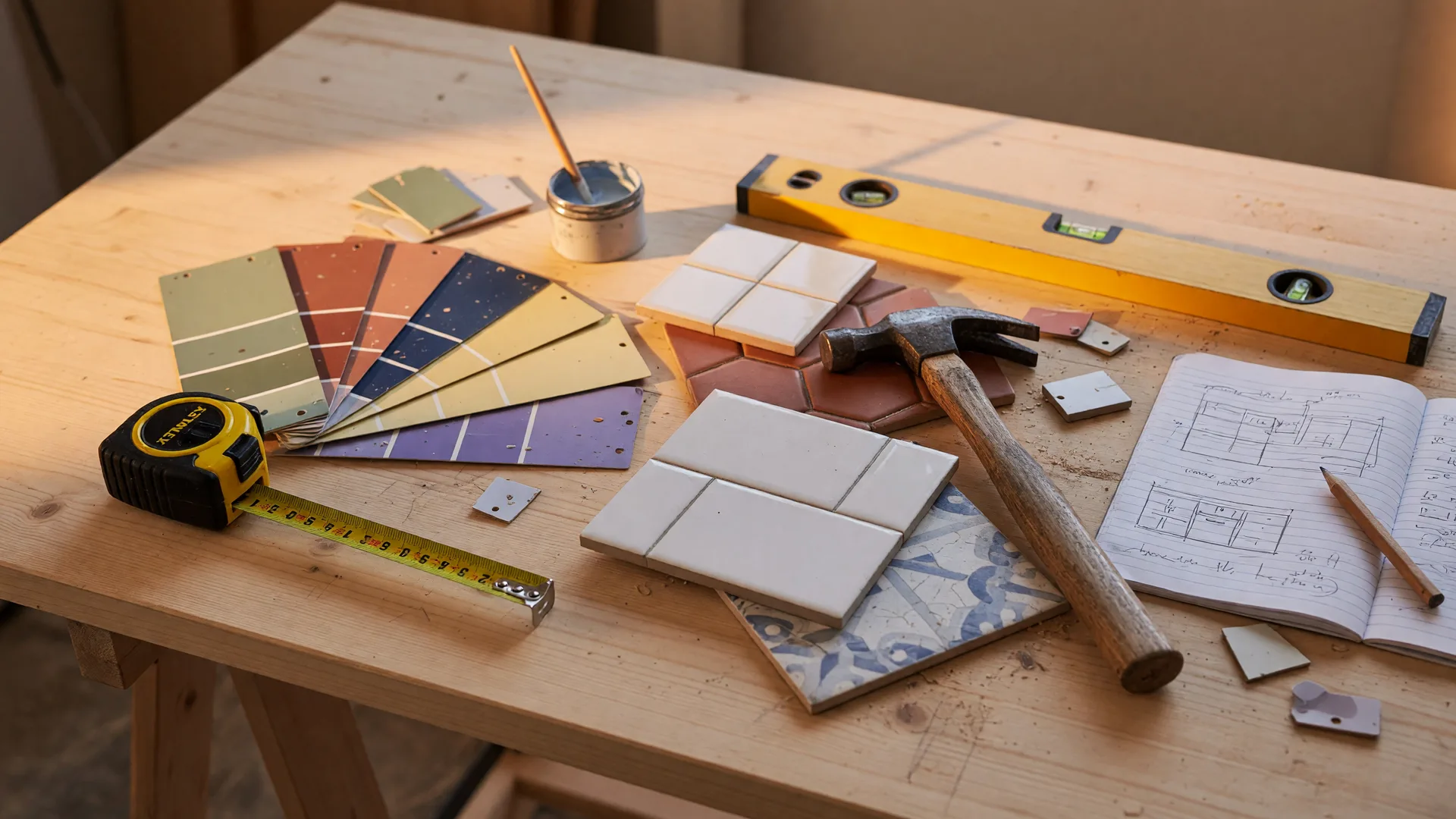 Home improvement tools and materials arranged on a wooden workbench