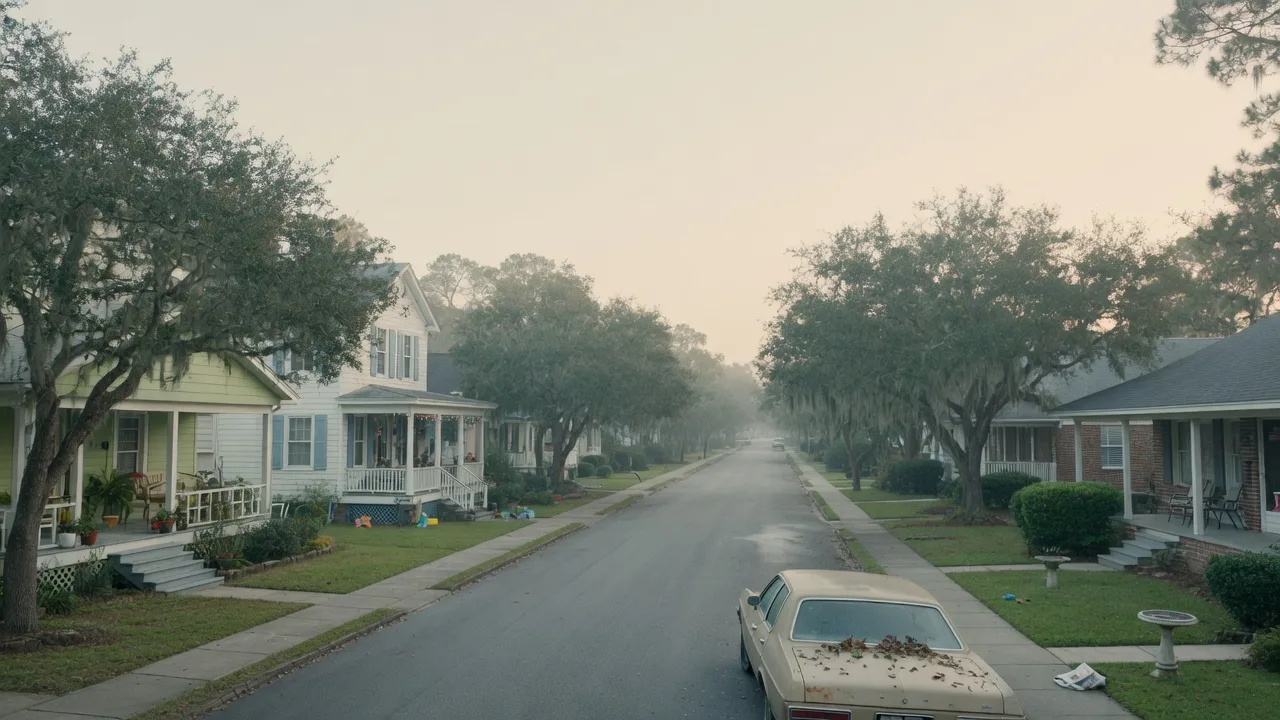 A quiet Lowcountry street with live oaks and porched homes in early morning