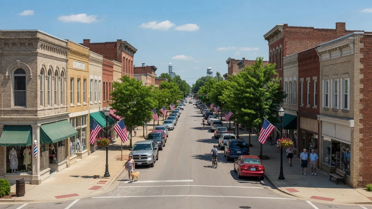 Downtown Willard, Ohio with historic storefronts and American flags