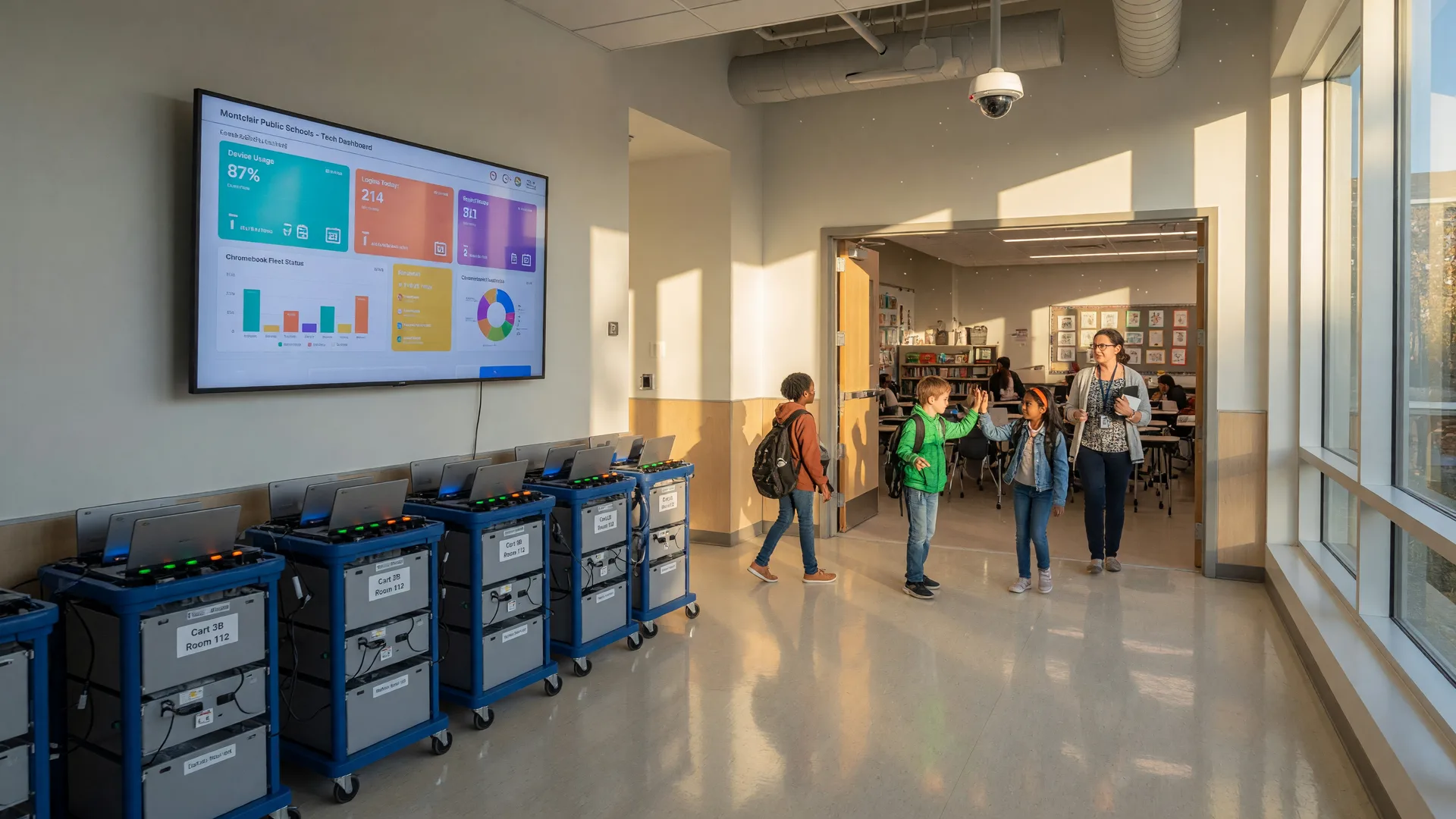 A bright modern Montclair public school hallway with Chromebook carts along the wall, a ceiling-mounted security camera, and a wall display showing a school technology dashboard