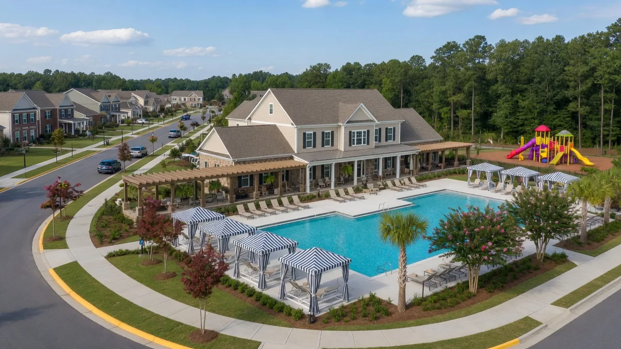 A master-planned community with a clubhouse and pool in Fort Mill, South Carolina, near the I-77 corridor