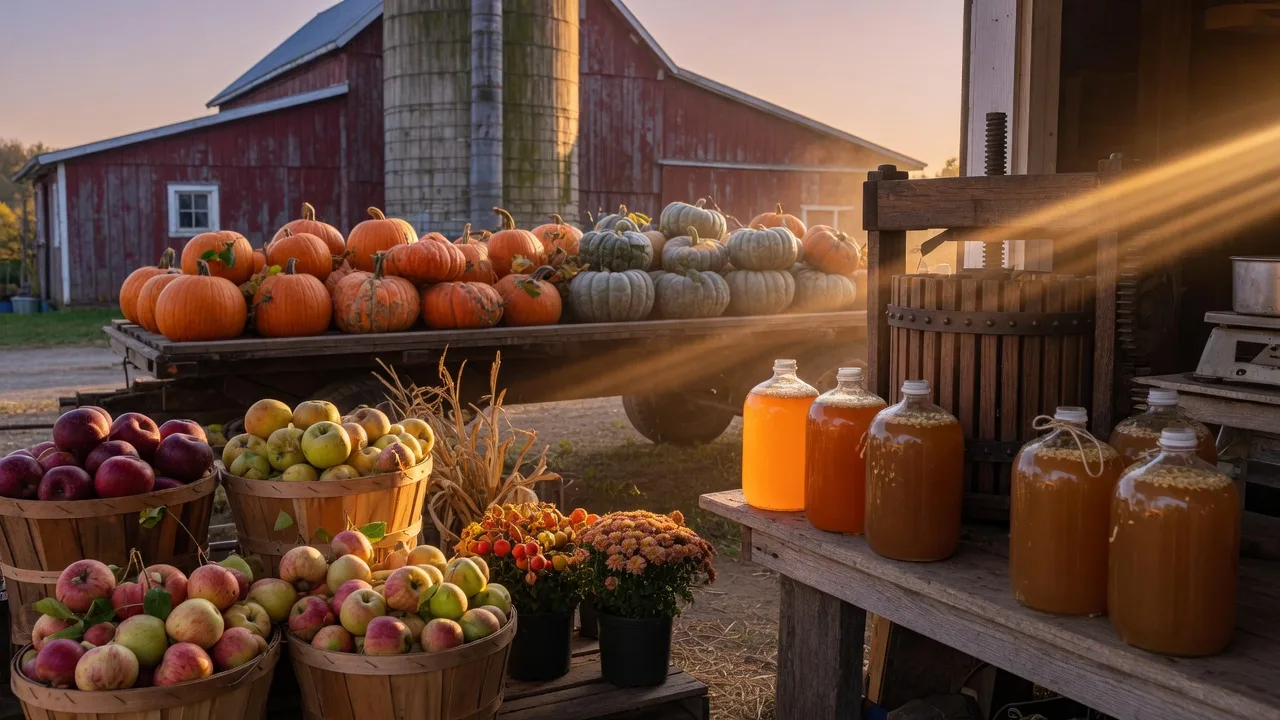 A Pennsylvania farm stand at golden hour in early October, wagon-loads of pumpkins, a wooden cider press with jugs of fresh cider, bushel baskets of heirloom apples, mums in orange and gold, a red barn and silo behind