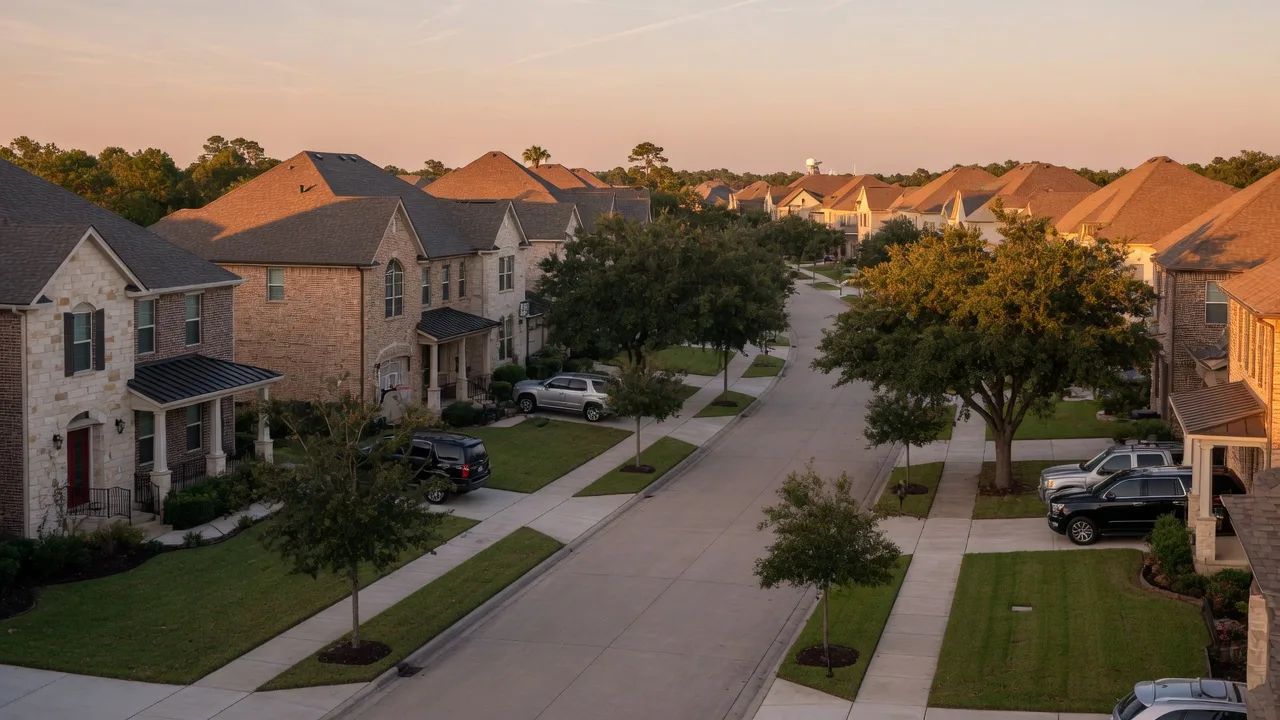 A wide view of a quiet tree-lined residential street in a Texas master-planned community in late afternoon light