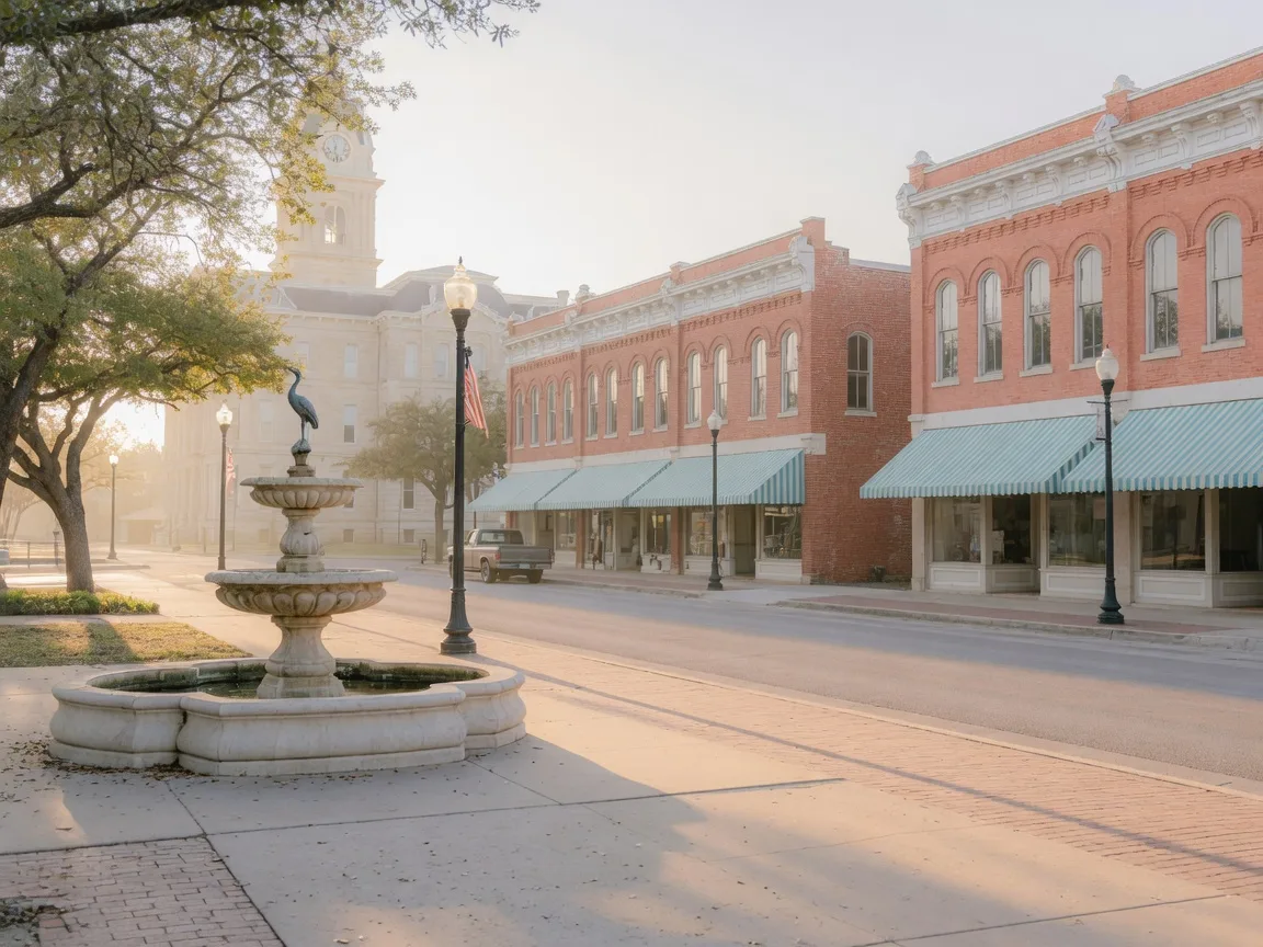 Brick storefronts and a fountain on a quiet Sherman, Texas courthouse square in morning light