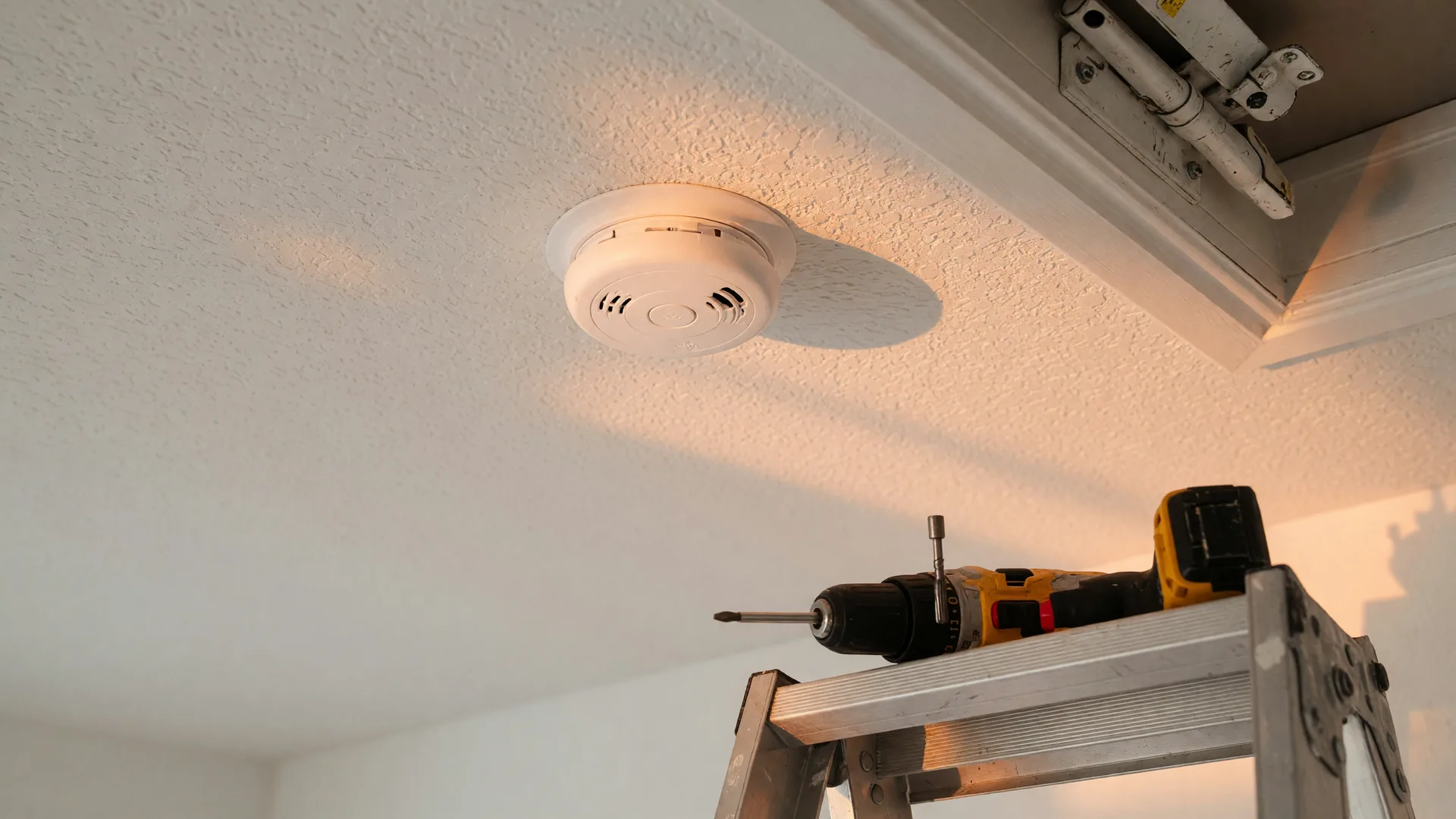 Smoke detector installation in San Antonio: a white smoke detector being mounted to a textured ceiling with a cordless drill from the top of a stepladder, warm window light raking across the ceiling