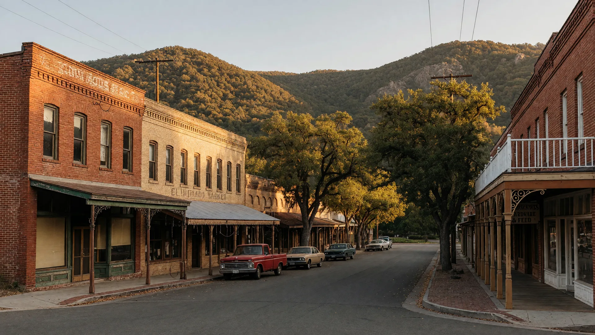 Historic Main Street in Placerville, California with Gold Rush-era brick storefronts