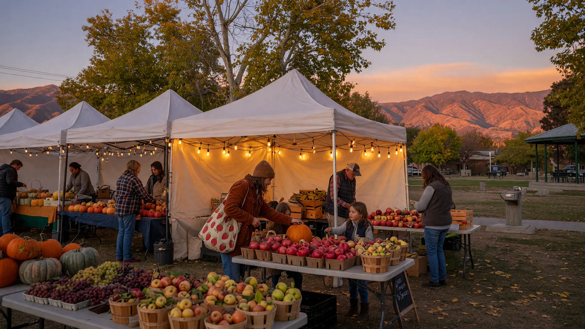 A Central Valley farmers market in a small Merced County town park on a crisp mid-October evening, white vendor tents with string lights overhead, tables stacked with pumpkins, winter squash, pomegranates, apples, and grapes, shoppers with canvas tote bags, and the Sierra Nevada foothills golden on the horizon