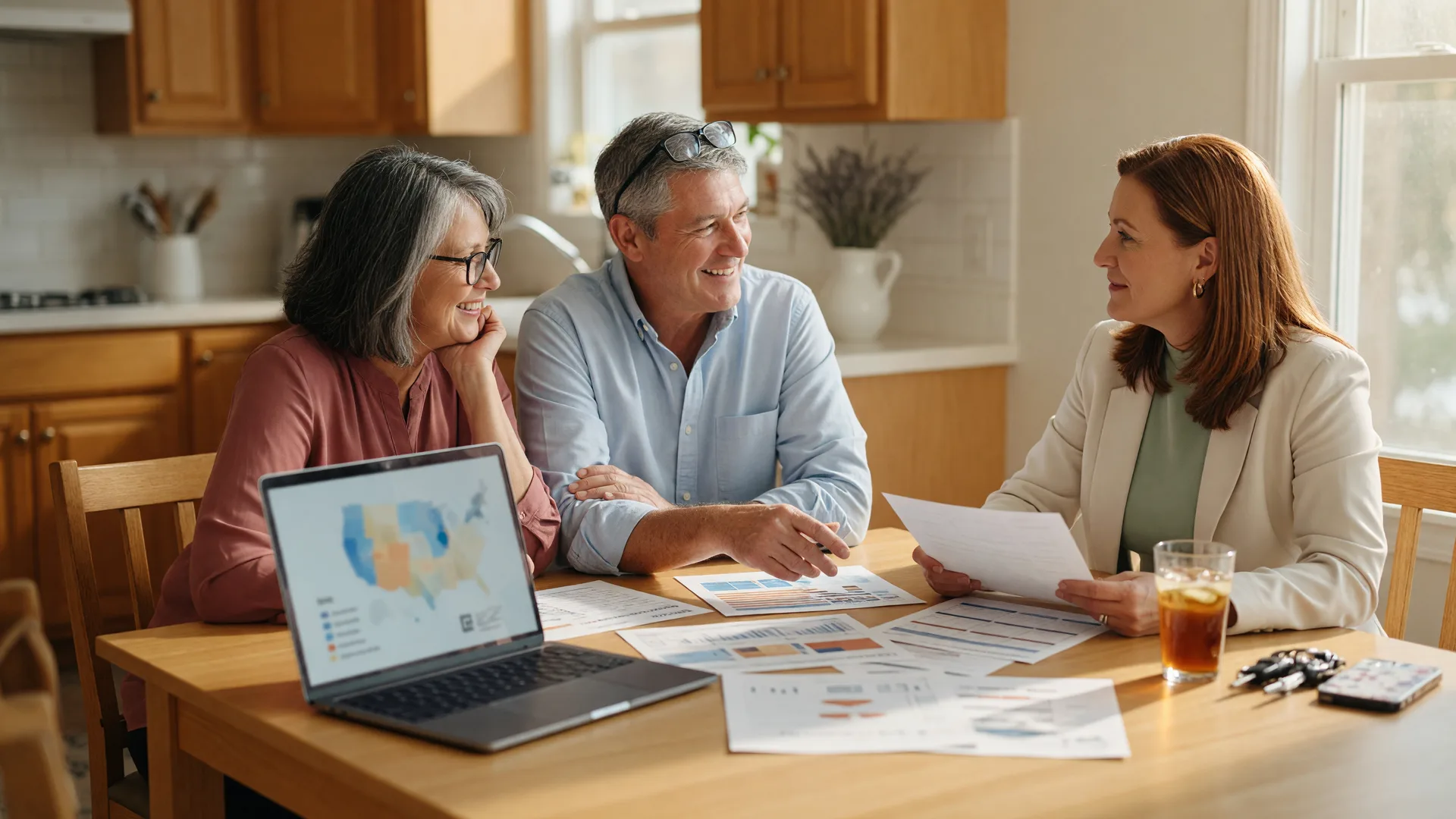 A mature couple reviewing their options calmly with a trusted real estate advisor at a bright table