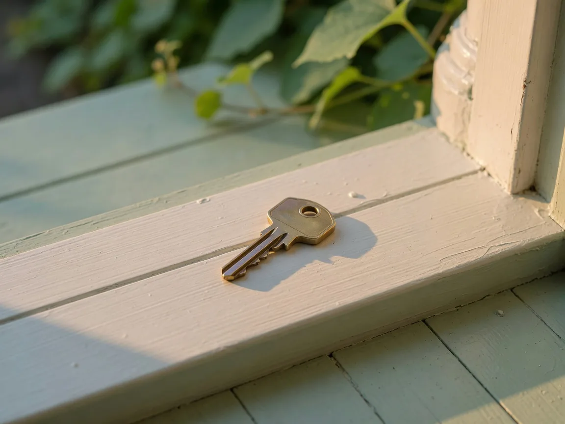A brass house key resting on a freshly painted wooden threshold in warm light