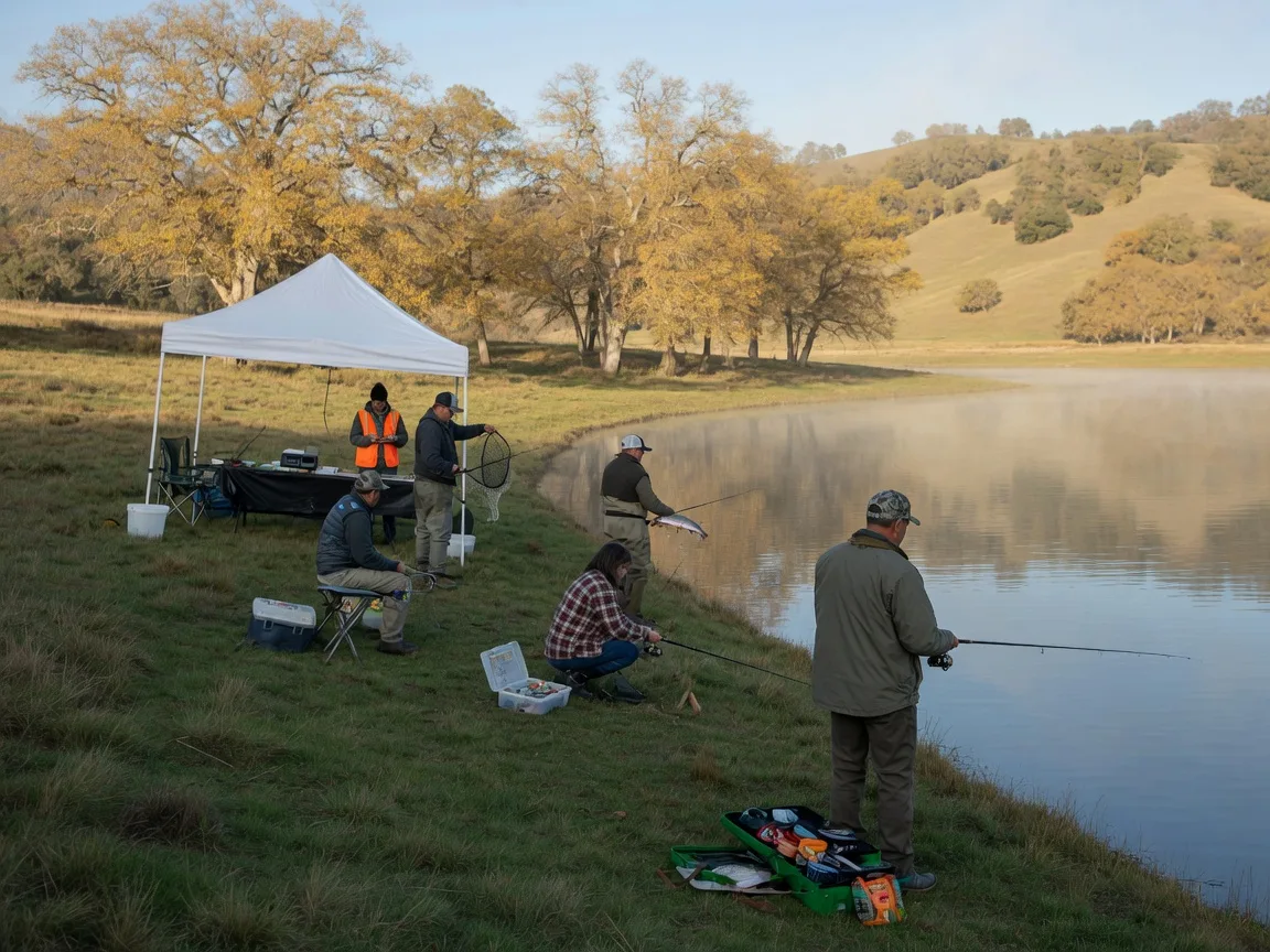 Anglers fishing from a grassy bank at a fall trout derby on a California reservoir, tackle boxes and a weigh-in canopy in the middle distance, golden oak trees and rolling foothills behind in crisp October morning light