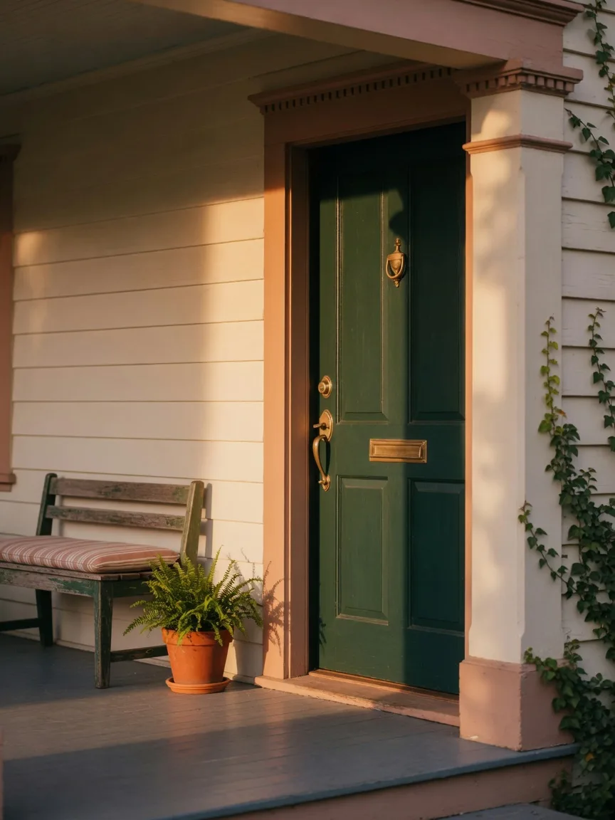 A welcoming front porch of a craftsman home with a deep green door in warm golden-hour light