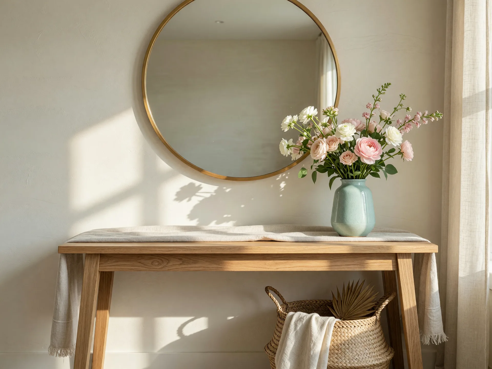 Bright styled entryway with console table and round mirror