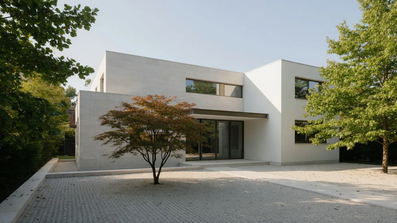 A sunlit modern residence with a limestone and white stucco facade in a leafy Maryland suburb